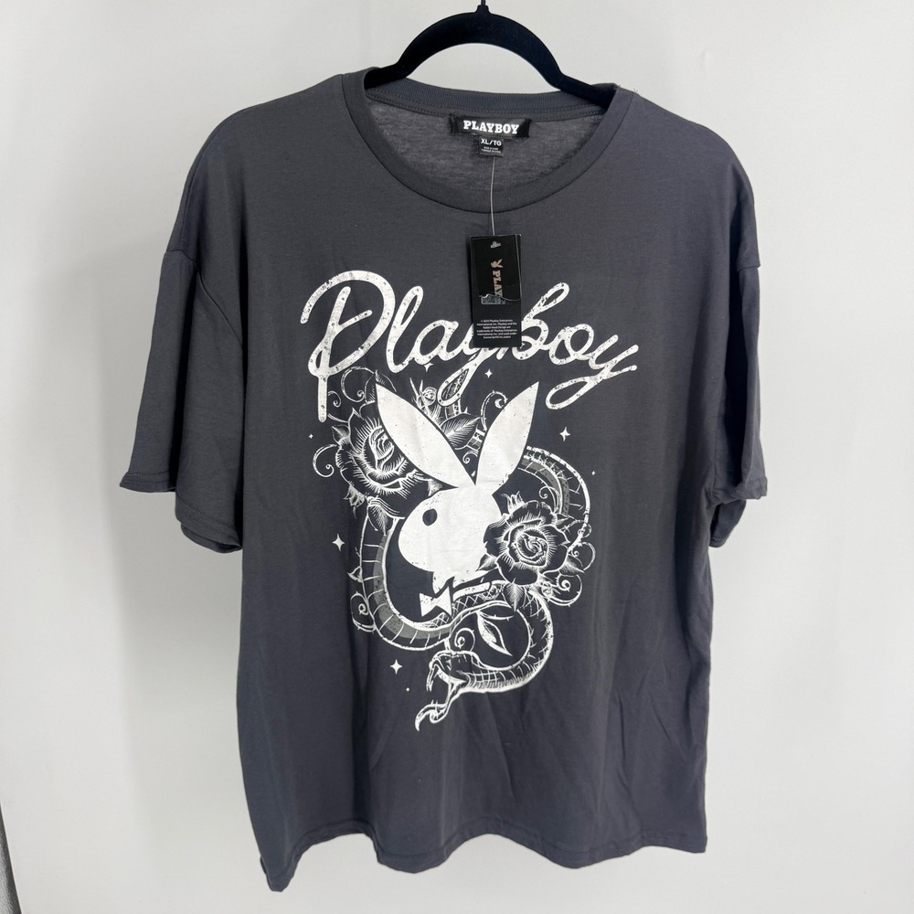 Playboy Mens XL Charcoal Gray Graphic T-Shirt‎ Snake Rose Bunny Logo Bling